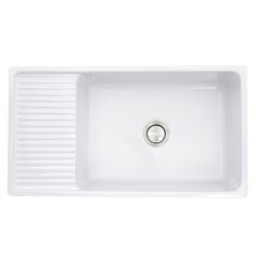 a white sink with a drain on the side and a drain in the middle, against a white background