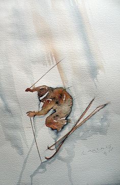 a watercolor painting of a skier in the snow