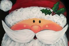 a painting of a santa clause with holly on his head and beard, wearing a red hat