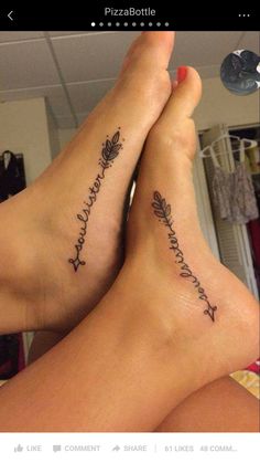 two people with tattoos on their legs and one has the words, love is forever