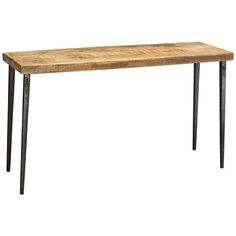 a wooden table with metal legs on a white background