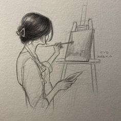 a drawing of a girl with an easel