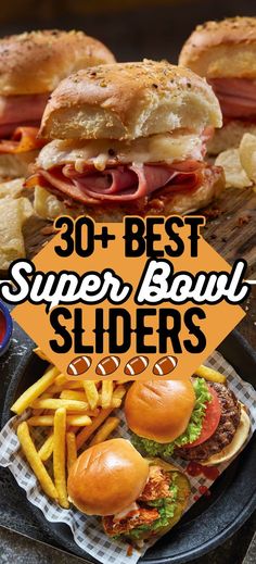 the best super bowl sliders are on display in front of some fries and hotdogs