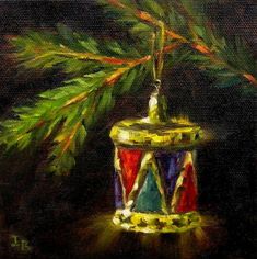 a painting of a christmas ornament hanging from a pine tree branch on a black background