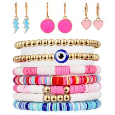 PRICES MAY VARY. Colorful Bracelets Pack: The clay bead bracelet set is designed with unique elements - gold beads, evil eye, colorful 6mm vinyl disc. No fade, waterproof, lightweight and comfortable to wear. Gold Hoop Earrings: 3 pairs of preppy earrings with different patterns. Unique design can meet your daily outfit needs and these ear accessories will help you create a chic looking. Stackable Bracelets Size: The outside length of the bracelets is approx. 6.2/7 inch and they can match most p Preppy Birthday Party, Bracelets Preppy, Preppy Earrings, Bracelets Summer, Stackable Beaded Bracelets, Vinyl Disc, Bracelets Friendship, Ear Accessories, Preppy Jewelry