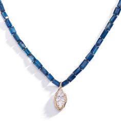 Elisabetta Kyanite Stone Strand with White Sapphire Pendant-A vision of tranquility, the Elisabetta pairs a strand of cornflower blue faceted kyanite stones with a scintillating white sapphire and 14k gold pendant. Kyanite is said to align the chakras and quiet the mind. Quiet The Mind, The Chakras