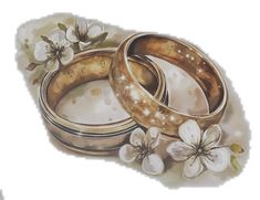 two gold wedding rings surrounded by flowers on a white background with watercolor painting effect