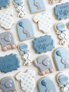 baby shower cookies decorated with blue and white icing