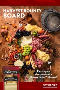 an advertisement for cheese and meats on a wooden table with the words harvest bounty board