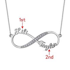 Our Infinity name necklace provides the best way for you to show off what the word "forever" means to you. You can get up to two names or words on each loop of the infinity symbol, there is a row of diamonds on the central part of loop makes the necklace more elegant. This is the perfect personalized infinity necklace to wear. Get your name and your significant other on this name necklace. You can also get the names of best friends, inspirational words, children, or anything else you can think o Name Necklace For Anniversary Gift, Customized Infinity Jewelry For Valentine's Day, Valentine's Day Infinity Jewelry With Custom Name, Infinity Shape Custom Name Necklace For Anniversary, Infinity Name Necklace For Anniversary Gift, Customizable Infinity Name Necklace For Anniversary, Custom Name Infinity Necklace For Anniversary, Custom Name Infinity Necklace For Anniversary Gift, Custom Name Infinity Necklace For Valentine's Day