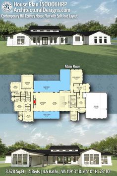 the floor plan for this modern house is shown in two different sections, with an attached garage