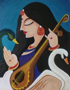 a painting of a woman playing a musical instrument with a bird on her shoulder and another swan in the foreground