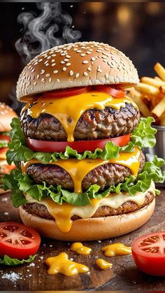 a hamburger with cheese, lettuce and tomatoes on a cutting board next to fries