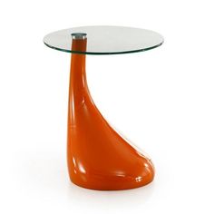 an orange table with a glass top and curved base on the bottom, against a white background