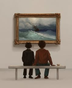 two people sitting on a bench in front of a painting that looks like a ship