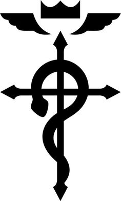 a black and white cadus symbol with wings on it's side, as well as an arrow in the center