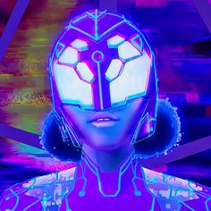 a woman with futuristic headgear and neon lights