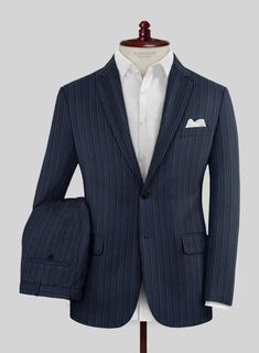 Ramp up your style with our Retro Reel Blue Stripe Suit, a dapper blend of wool sophistication. Featuring a modern black stripe pattern on a rich blue canvas, this lightweight and comfortable ensemble guarantees poise and elegance. Perfect attire for office presentations or special occasions, it's your shortcut to a positive and stylish presence. #studiosuits #mensclothing #mensfashionpost #stripe #stripesuit #bluestripe #styleinspiration #classydapper #bespoke #fashiondaily #tailoringservice Mint Green Jacket, Red Corduroy Jacket, Brown Tweed Suit, Nice Black Dress, Grey Tweed Suit, White Linen Suit, Tweed Overcoat, Stripe Suit, Seersucker Suit