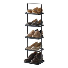 four tiered shoe rack with six pairs of shoes