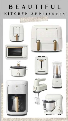 the kitchen appliances are all white and have gold handles