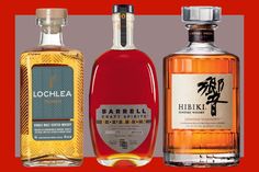 three bottles of different types of alcohol on a red and gray background with the words, barrell craft spirits