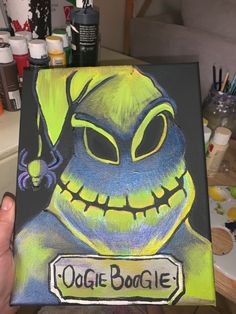 Oogie boogie man black light painting Sully Painting, Nightmare Before Christmas Oogie Boogie Drawing, Nightmare Before Christmas Canvas Painting, Nightmare Before Christmas Painting Easy, Ophir Boogie Drawing, Oogie Boogie Painting, Oggie Boggie Art, Oogie Boogie Drawing