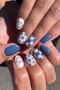 Recreate this funky blue and white nail set with our colors:  🌸018. Wild Blue Yonder 🌸026. Ultra White 🌸Credit: han.polished on Instagram  🌸oval nails, blue nails, blueberry milk nails, checkered nails, spring nails, summer nails, one color nails, simple nail designs, white nails, short nail designs, floral nails, gel nails, smiley nails, cool nail design, nail trends 2024 Summer Nails One Color, Nails One Color, Checkered Nails, August Nails, Cute Simple Nails, One Color Nails, Simple Gel Nails, Summery Nails, Cute Gel Nails