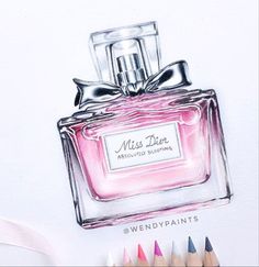 a drawing of a pink perfume bottle with a bow on top and colored pencils next to it