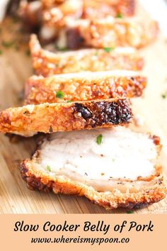 slow cooker belly of pork on a cutting board with text overlay that reads slow cooker belly of pork