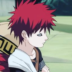 an anime character with red hair wearing a backpack