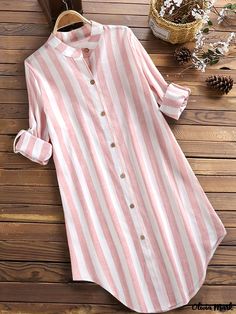 Olivia Mark - Womens Plus Size Casual Blouse: Stripe Print Long Sleeve Button Up Mock Neck Tunic Shirt Top Top Neckline, Laundry Guide, Spring Blouses, Casual Long Sleeve Shirts, Striped Long Sleeve Shirt, Loose Blouse, Cardigan Fashion, Tunic Shirt, Casual Blouse