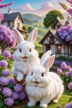 two white rabbits sitting on top of a basket in the grass next to purple flowers