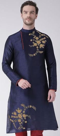 Blue color Kurta in Dupion Silk fabric with Embroidered work Blue Cotton Embroidered Fabric For Festivals, Festive Blue Embroidered Cotton Fabric, Blue Cotton Fabric With Floral Embroidery, Blue Cotton Embroidered Fabric For Wedding, Blue Embroidered Cotton Fabric For Wedding, Blue Floral Embroidery Kurta For Festivals, Blue Floral Embroidered Kurta For Festivals, Blue Long Sleeve Embroidered Fabric For Festive Season, Silk Kurta