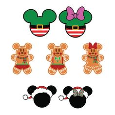 mickey and minnie mouse cut outs with christmas hats on them, including one for the ears