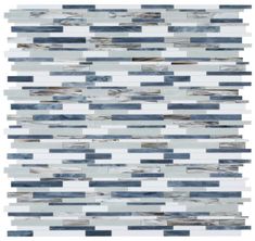 a white and blue mosaic tile wall with grey lines on the bottom, in shades of gray