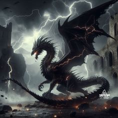 a black dragon with lightning in the background