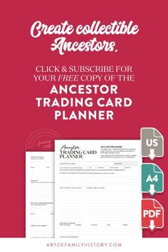 a red background with the text create collectible auctions click & subribe for your free copy of the ancestor trading card planner