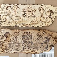 two pieces of wood with designs on them