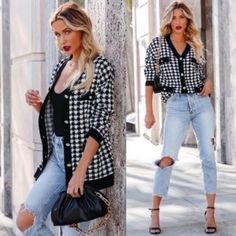 Black And White Houndstooth Print Slight Oversized Cardigan With Jeweled Buttons Casual Houndstooth Cardigan For Workwear, Casual Plaid Cardigan For Work, Chic Plaid Cardigan For Spring, Long Pink Sweater, Houndstooth Cardigan, Camo Cardigan, Chunky Sweater Cardigan, Chic Cardigan, Leopard Cardigan