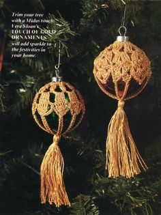 two crocheted ornaments hanging from a christmas tree