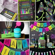 this is a collage of photos with neon colors and black, green, blue, pink, yellow and purple