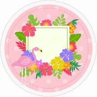 a pink flamingo with flowers and leaves around it on a polka doted background