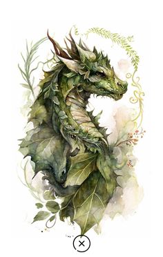 a watercolor painting of a green dragon with leaves on it's back and wings