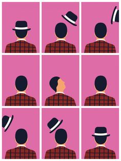 multiple images of a man with a hat on his head