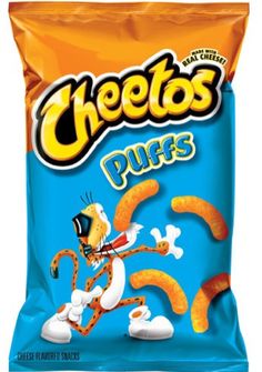 cheetos puffs potato chips are shown in this image, with the word's logo on it