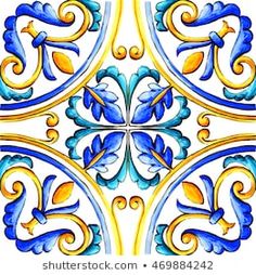 an artistic tile design in blue and yellow