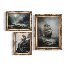 three framed paintings depicting ships in the ocean with an octopus on one side and a pirate ship on the other