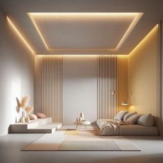 a modern living room with white walls and beige carpeted flooring is lit by recess lighting