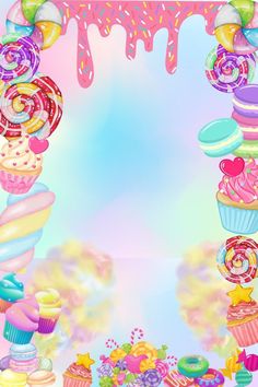 an image of a birthday card with lots of cupcakes and candy on it