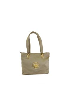 Beige Shoulder Bag With Gold-tone Logo For Everyday Use, Everyday Beige Shoulder Bag With Gold-tone Logo, Beige Evening Bag With Gold-tone Logo Plaque, Gold Bag With Gold-tone Logo Plaque And Double Handle, Beige Rectangular Bag With Gold-tone Logo Plaque, Versace Bag, Vintage Designer Handbags, Versace Handbags, Roses Vintage